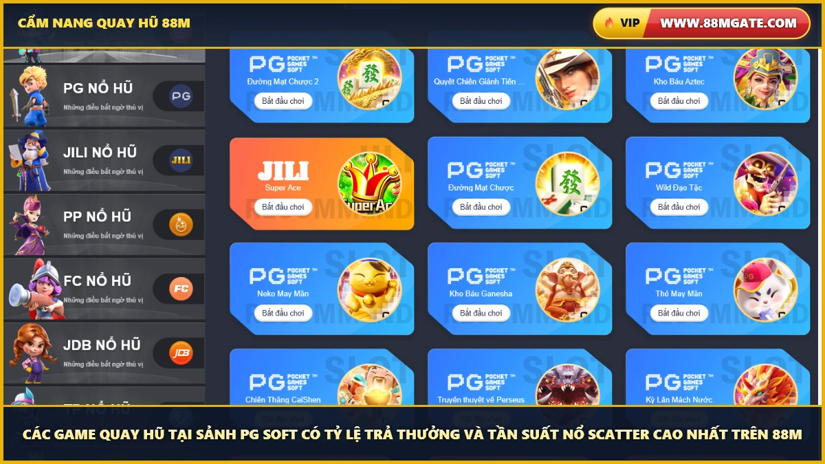 Các game quay hũ tại sảnh PG Soft có tỷ lệ trả thưởng và tần suất nổ Scatter cao nhất trên 88M - Cổng truy cập chính thức 88MGate.com