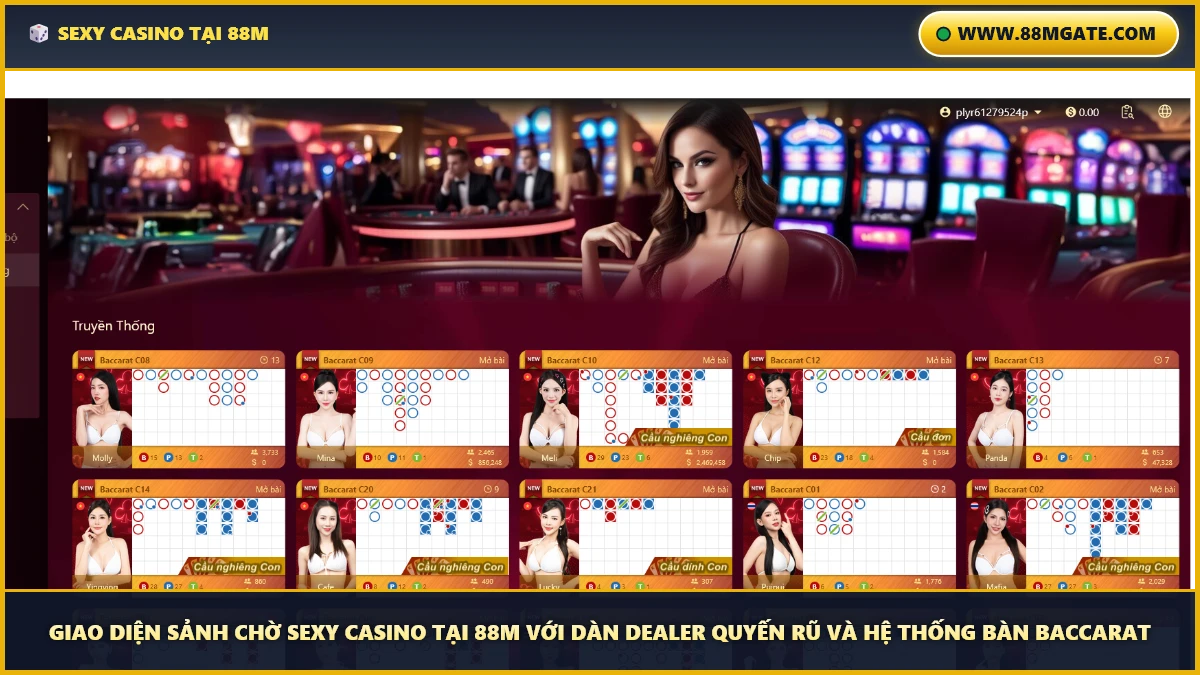 Giao diện sảnh chờ Sexy Casino tại 88M với dàn Dealer quyến rũ và hệ thống bàn Baccarat - Cổng truy cập chính thức 88MGate.com
